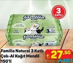 FAMİLİA NATURAL 3 KATLI ÇEK-AL KAĞIT MENDİL 150'Lİ indirimli fiyat FAMİLİA NATURAL 3 KATLI ÇEK-AL KAĞIT MENDİL 150'Lİ fiyat ve kampanya bilgisi
